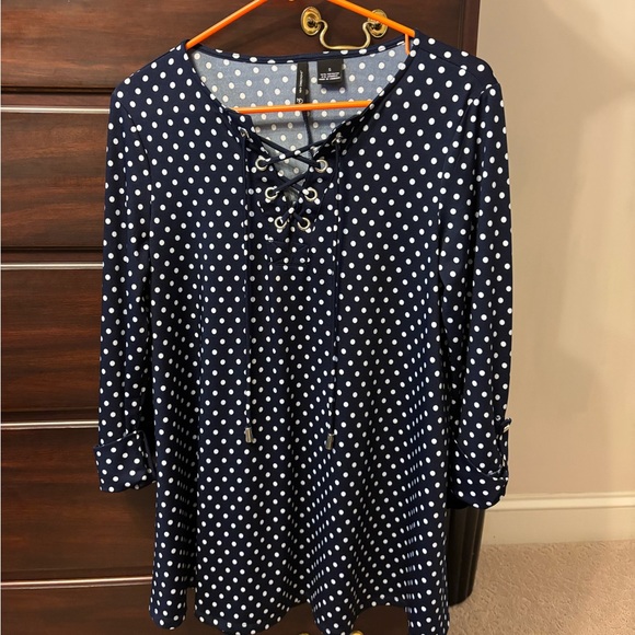 Navy and white poke dot blouse, below hip length, size small (a large small). - Picture 1 of 5